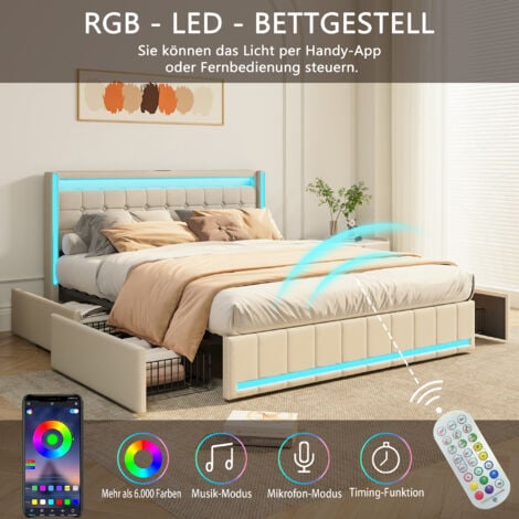 Lit double capitonné 160x200cm, Lit coffre avec 4 Tiroirs, Lit adulte avec sommier à lattes, éclairage LED, tête de lit avec fonction chargement USB, Lit rembourré tissu en lin,Beige