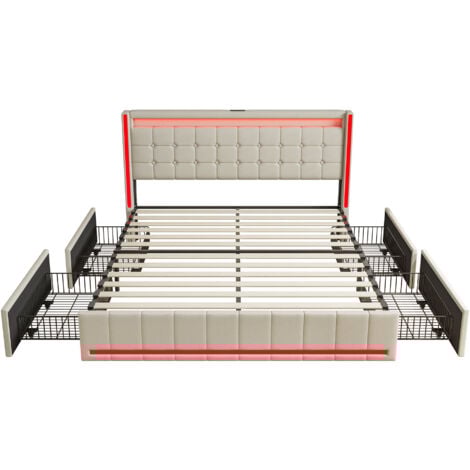 Lit double capitonné 160x200cm, Lit coffre avec 4 Tiroirs, Lit adulte avec sommier à lattes, éclairage LED, tête de lit avec fonction chargement USB, Lit rembourré tissu en lin,Beige