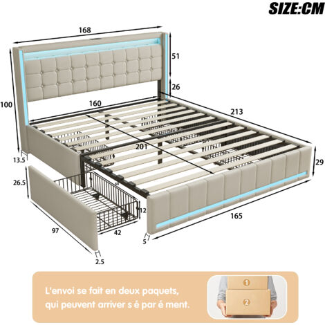 Lit double capitonné 160x200cm, Lit coffre avec 4 Tiroirs, Lit adulte avec sommier à lattes, éclairage LED, tête de lit avec fonction chargement USB, Lit rembourré tissu en lin,Beige