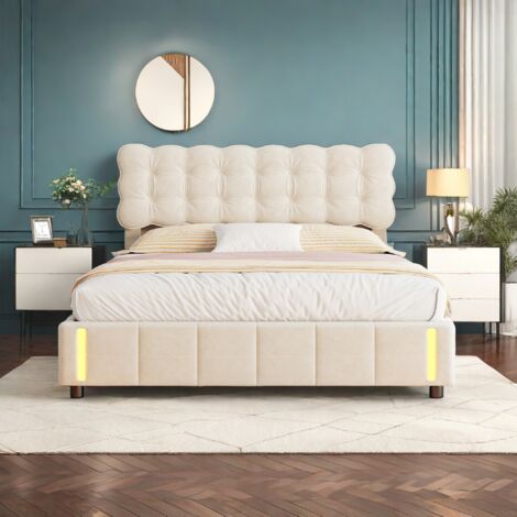 160 x 200 cm lit coffre avec sommier, lit hydraulique avec LED et tête de lit  Capitonné, lit 2 Personnes avec sommier à lattes en bois, lit 160x200 avec sommier en velours beige