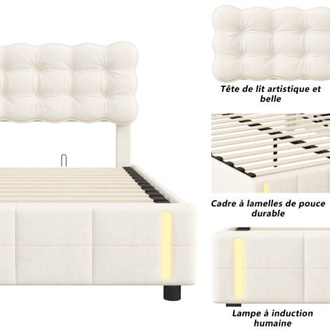 160 x 200 cm lit coffre avec sommier, lit hydraulique avec LED et tête de lit  Capitonné, lit 2 Personnes avec sommier à lattes en bois, lit 160x200 avec sommier en velours beige