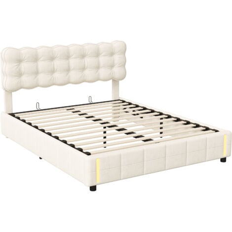 160 x 200 cm lit coffre avec sommier, lit hydraulique avec LED et tête de lit  Capitonné, lit 2 Personnes avec sommier à lattes en bois, lit 160x200 avec sommier en velours beige