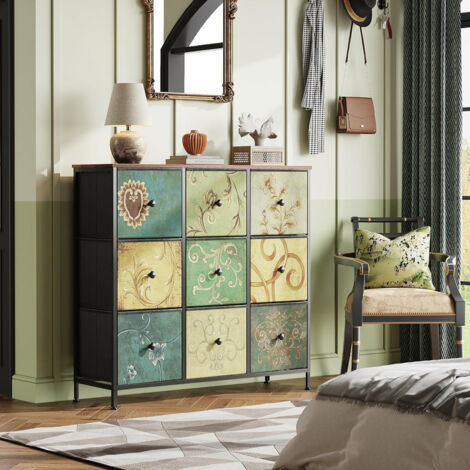 buffet Bois et Metal 100x30x86.5cm, Commode pour armoire avec 9 tiroirs en tissu, Conception rétro, motif floral, Trépied rotatif à 360 degrés