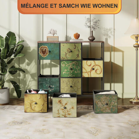 buffet Bois et Metal 100x30x86.5cm, Commode pour armoire avec 9 tiroirs en tissu, Conception rétro, motif floral, Trépied rotatif à 360 degrés