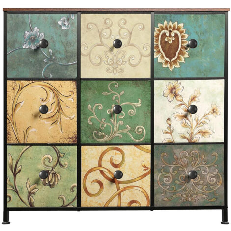 buffet Bois et Metal 100x30x86.5cm, Commode pour armoire avec 9 tiroirs en tissu, Conception rétro, motif floral, Trépied rotatif à 360 degrés