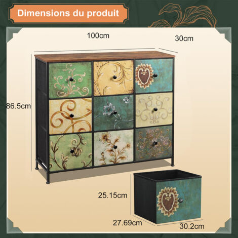 buffet Bois et Metal 100x30x86.5cm, Commode pour armoire avec 9 tiroirs en tissu, Conception rétro, motif floral, Trépied rotatif à 360 degrés