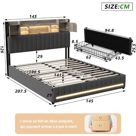 Lit Coffre 140x190cm,lit Double Avec 2 Tiroirs De Rangement Et Ledsommier A Lattes Velours Beige