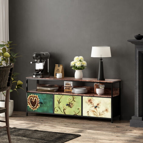 Meuble TV LED dans la Chambre, meuble 3 tiroirs dans la Chambre, commode avec tiroirs ouverts, meuble chambre avec prise de courant et lampe LED (1/5)