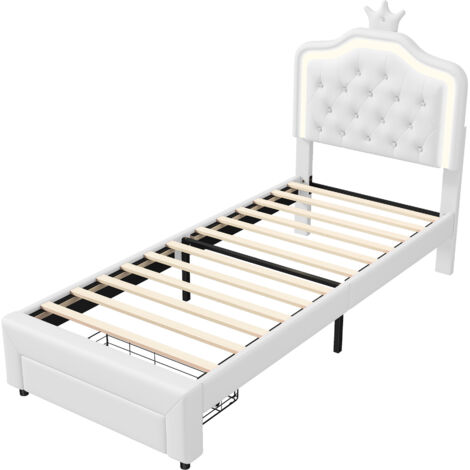Lit Fille 90x200 Avec Tête De Lit Couronne LED – Réglable En Hauteur, Velours Rose, Sans Matelas