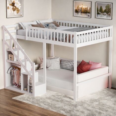 Lit mezzanine enfant 140x200cm,Lit superpose 2 places avec Escalier rangements, placard de rangement, protection antichute et barreaux, sommier à lattes - Blanc