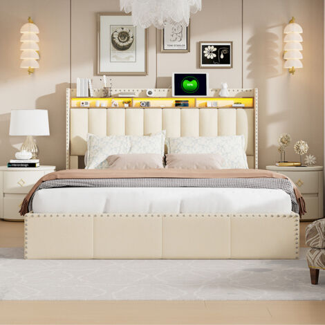Lit coffre 140x200,lit 140x200,lit adult,avec sommier,Tête de lit avec éclairage LED,décoration de rivets,tissu en velours,Beige (1/5)