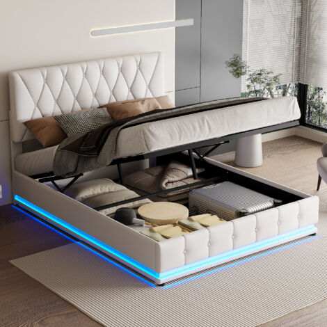 Lit Double 140x200 Avec LED USB - Lit Coffre Avec Tête De Lit Rangement - Sans Matelas - Gris/Beige