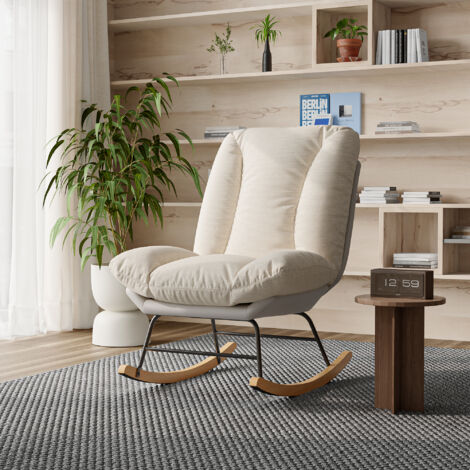 Fauteuil à Bascule Haut Dossier En Lin – Chaise Relax Avec Poches Latérales | Fauteuil De Nursing, Salon, Chambre Bébé | Base Bois