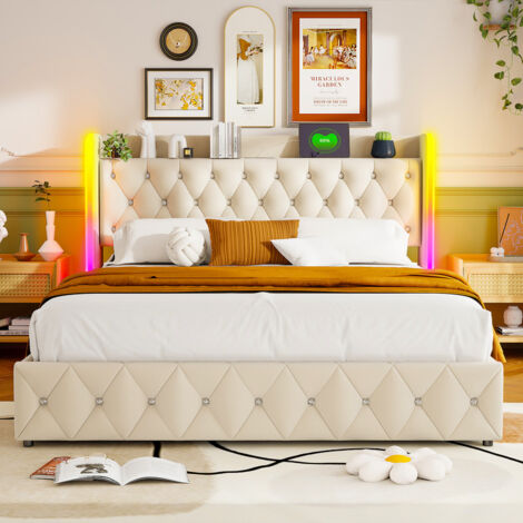 Lit Double 160x200 cm tapissé de Velours avec éclairage LED RGB réglable, lit Coffre, décoration Rivet, avec 1 Port USB et 1 Port Type-c, lit Adultes et Ados, Beige (1/5)