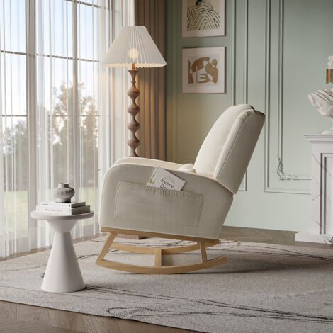 Fauteuil à Bascule En Velours Teddy Beige – Structure Bois Et Métal, Rembourrage Mousse, Design Moderne Pour Salon/chambre