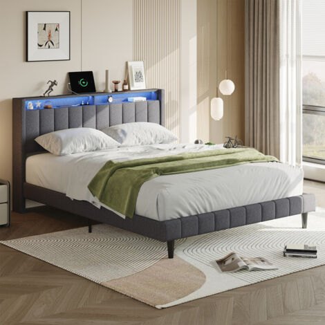 Lit 160 x 200 cm avec sommier,lit 2 personnes avec LED et ports USB,étagères ouvertes,lit double rembourré avec sommier à lattes en bois,lit pour adulte et adolescent,lin,gris (1/5)