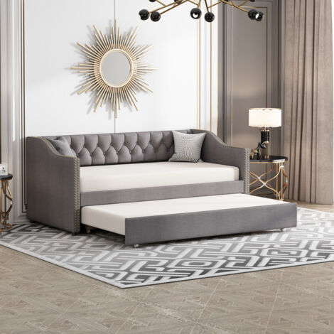 Canapé Lit 2 Places Convertible 90/180x200cm,Lit gigogne avec sommier à Lattes,Lits canapé 2 Personnes Extensible, Lits Pliant, Fonction de Couchage,sans Matelas,Gris
