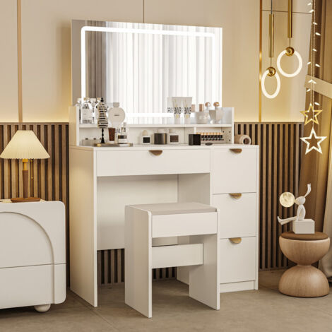 Coiffeuse, 90 x 40 x 140 cm, meuble de toilette multifonctionnel, miroir cosmétique, armoire à miroir, avec éclairage LED tricolore, ports USB et tabouret rembourré, MDF, blanc