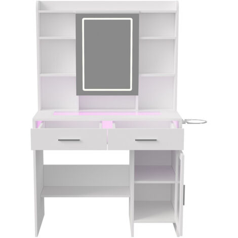 Coiffeuse LED 3 éclairages, prise USB, support sèche-cheveux, 4 tiroirs Coiffeuse LED 3 éclairages, prise USB, support sèche-cheveux, 4 tiroirs