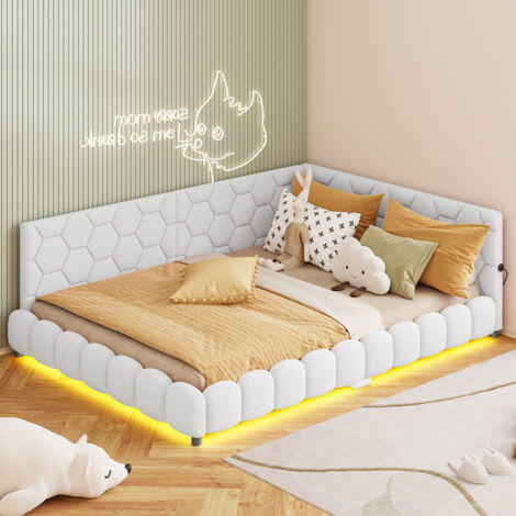 Canapé-lit rembourré 140x200 cm, lit double, en cuir d'agneau, avec lumière LED réglable, ports USB et Type-C, sommier à lattes, sans matelas, MDF, blanc (1/5)
