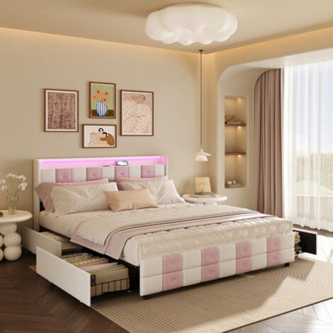 Lit double rembourré 160 x 200 cm, tissu velours, lit coffre avec quatre tiroirs, ports USB et Type-C, éclairage LED RGB, lit adulte, sommier à lattes, matelas non inclus, Blanc rosé (1/5)