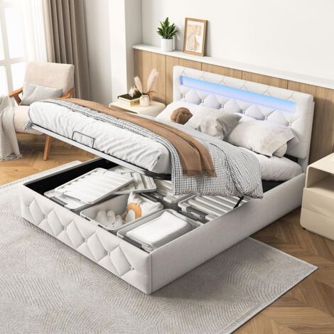 Lit coffre 140 x 200 cm, tissu velours, lit double rembourré avec éclairage LED RGB, design peu encombrant, lit pour adultes et adolescents, matelas non inclus, couleur abricot (1/5)