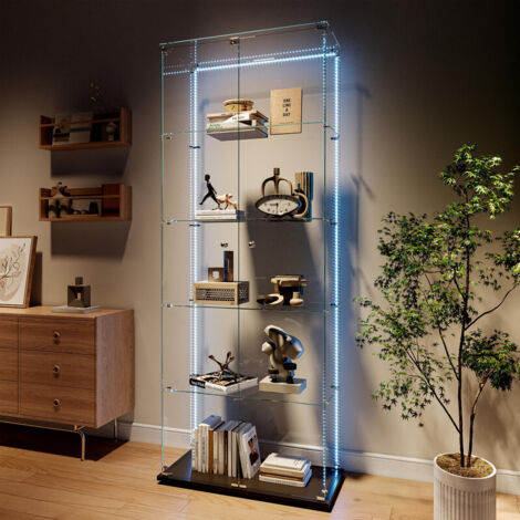 Vitrine en verre, 187x79x35cm, 5 niveaux, vitrine de collectionneur avec bande lumineuse LED, vitrine de rangement en verre noir pour la chambre, le bureau, peut être équipé de roulettes, noir
