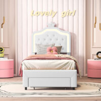 Lit Enfant 90x200cm avec LED, Lit Simple Rembourré, lit Fille avec Tête de Lits Réglable en Hauteur, Lits Princesse, Lit Rose, Lit avec Sommier à Lattes, Cadre de Lits Plateforme, lit adolescente, Bla