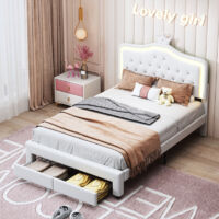 Lit Enfant 140x200cm avec LED, Lit Simple Rembourré, lit Fille avec Tête de Lits Réglable en Hauteur, Lits Princesse, Lit Rose, Lit avec Sommier à Lattes, Cadre de Lits Plateforme, lit adolescente, Bl