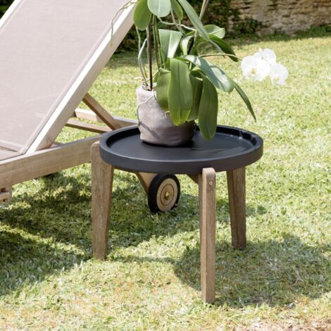 HECTOR - Table d'appoint 55x52cm plateau béton noir mat pieds acacia (1/5)