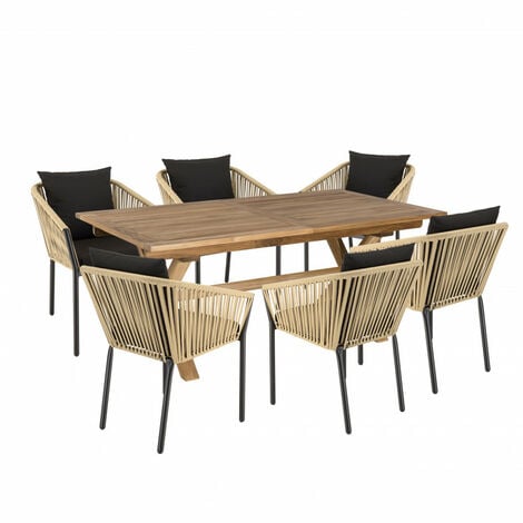 Salon de jardin 1 table teck 180x100 cm - 6 fauteuils cordage noir