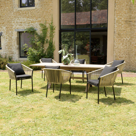 MALO - Lot de 6 fauteuils en cordage couleur naturelle coussins noirs (1/5)