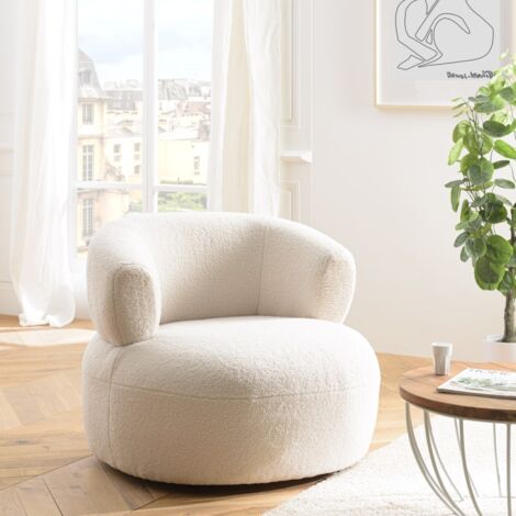 GASTON - Fauteuil en tissu bouclette blanc assise arrondie (1/5)