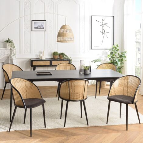 LEA - Lot de 2 fauteuils tissu noir dossier arrondi effet cannage (1/5)