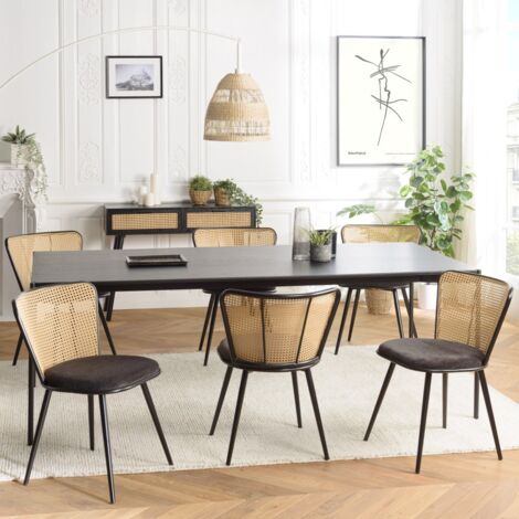 LEA - Lot de 2 chaises assise tissu noir large dossier effet cannage (1/5)