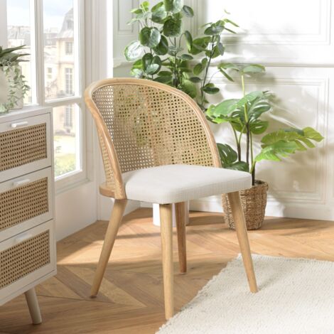 Macabane – Chaise en bois d'Hévéa – Dossier arrondi en rotin – Assise en tissu blanc – Dimensions 57x57x83 cm – Confort et élégance (1/5)