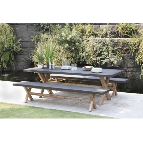 HECTOR - Ensemble jardin béton et acacia - Table 200100 cm et 2 bancs (1/5)