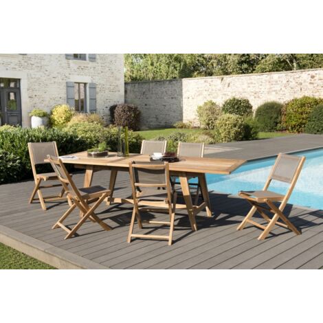 FUN - Ensemble de jardin Table bois teck 180/240 et 6 chaises taupe (1/5)