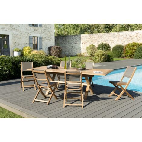 FUN - Ensemble de jardin table 180240 bois teck / fauteuils gris (1/5)