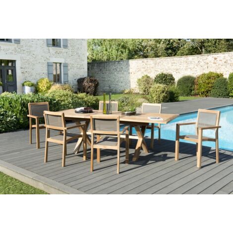 FUN - Ensemble de jardin table ext. bois teck / 6 fauteuils gris (1/5)