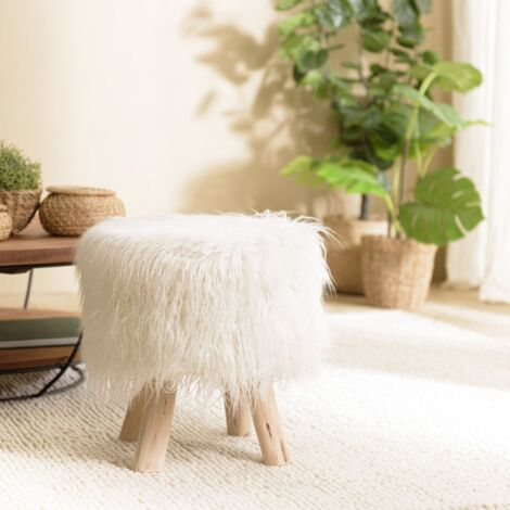 SACHA - Tabouret rond 40x40cm peau de mouton couleur ivoire pieds bois (1/5)