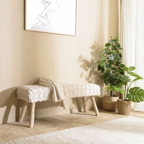 SACHA - Banc 120x40cm laine motifs losanges couleur ivoire pieds bois (1/5)