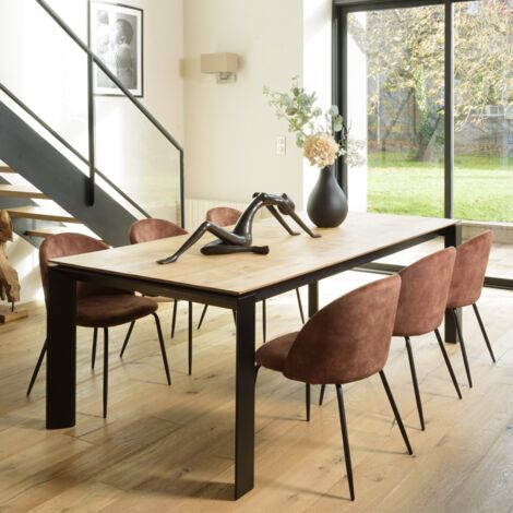 TOM - Lot de 2 chaises tissu velours marron dossier arrondi pieds noir (1/5)