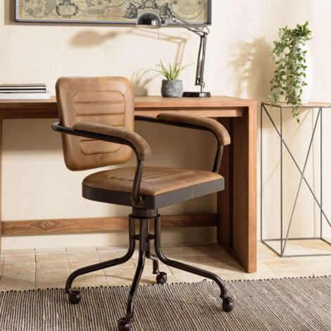 MARCEL - Fauteuil roulettes assise cuir accoudoirs en bois de manguier (1/5)