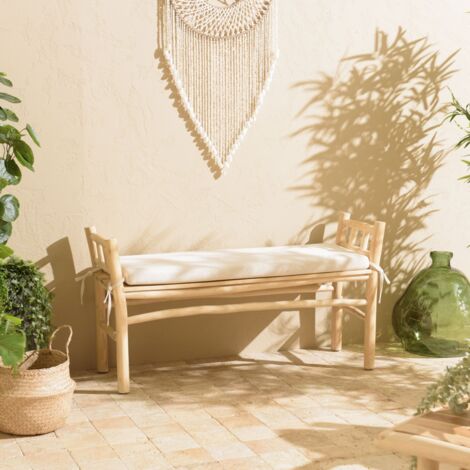 WILL - Banc en branches de bois de teck naturel coussin blanc (1/5)