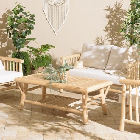 WILL - Table basse rect. en branches de bois de teck double plateau (1/5)