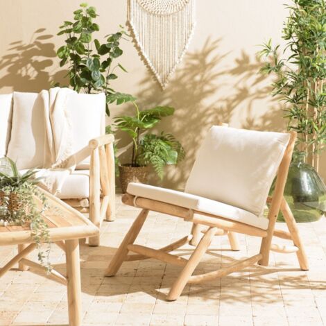 WILL - Fauteuil lounge branche de bois de teck naturel coussin blanc (1/5)