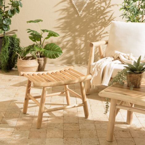 WILL - Tabouret en branches de bois de teck naturel assise ajourée (1/5)