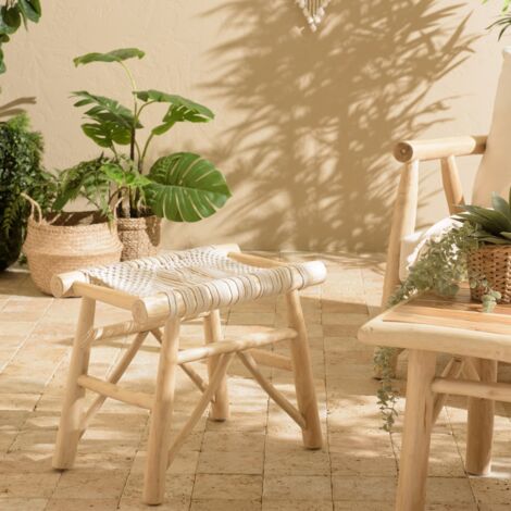 WILL - Tabouret en bois teck naturel assise en macramé blanc (1/5)