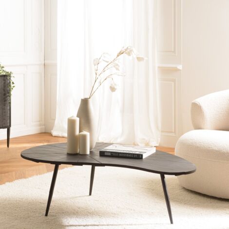 Macabane – Table basse ovoïde 122x73cm en acier et manguier – Plateau texturé noir mat – Pieds métal noir – Style contemporain (1/5)